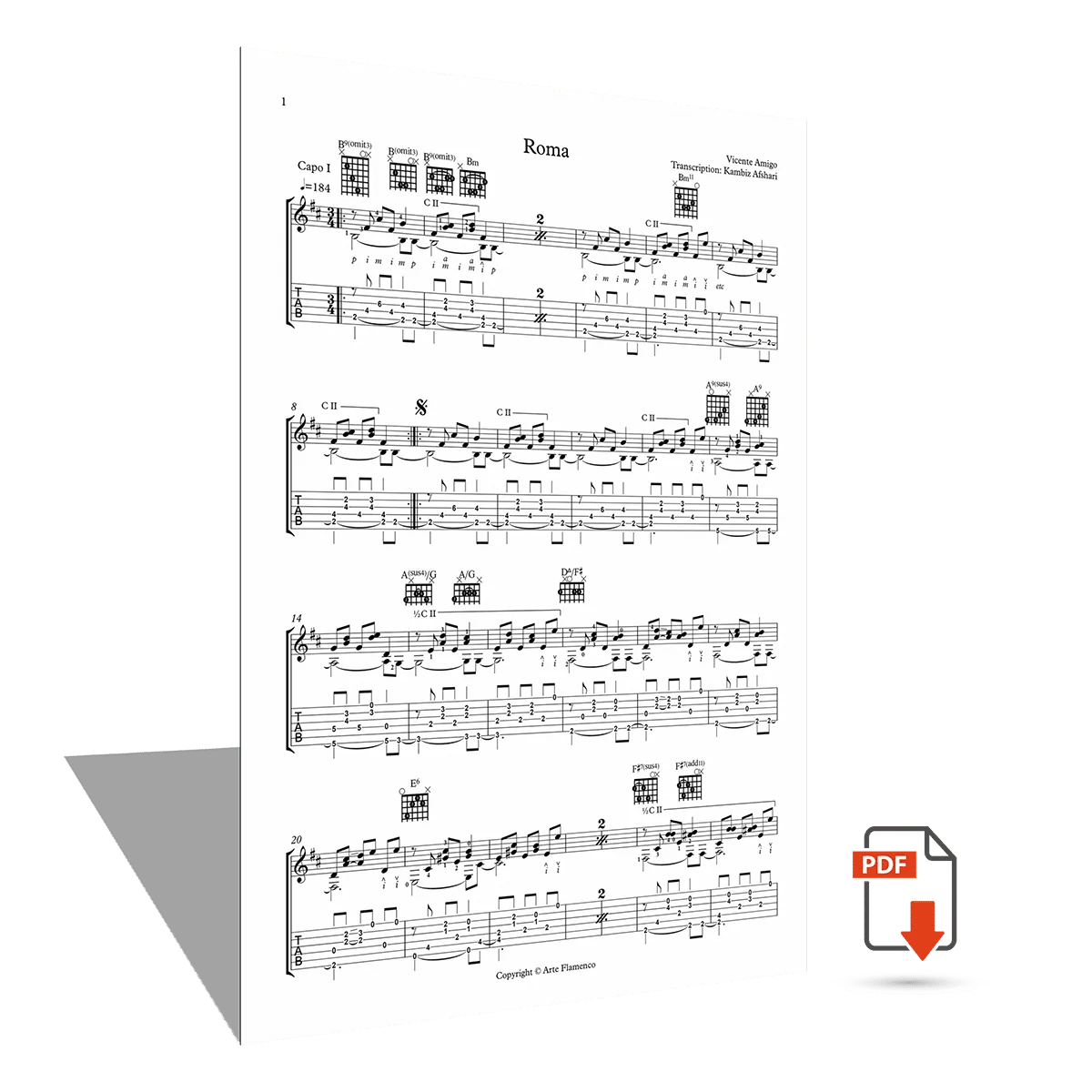 ビセントアミーゴ　楽譜 Sheet music “Roma” – Vicente Amigo - Flamenco Transcriptions